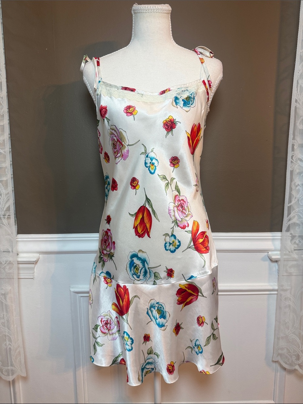 Vintage 90s Floral Satin Slip Dress Lace Trim Ruffle Tie Straps M